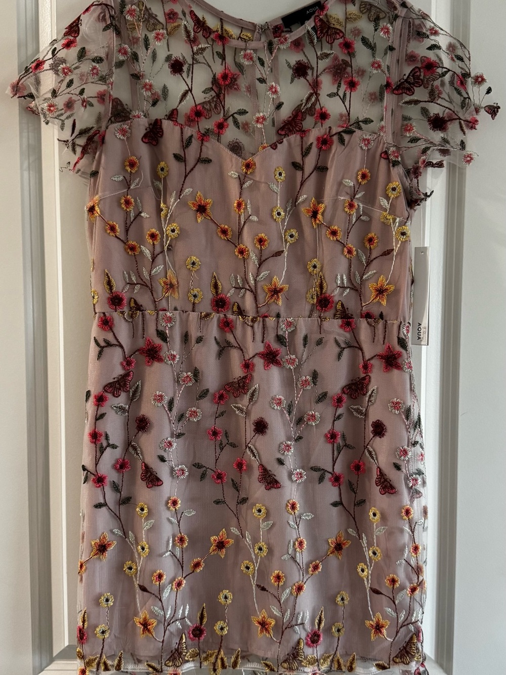 Floral Embroidered Sheer Overlay Dress in Blush Pink